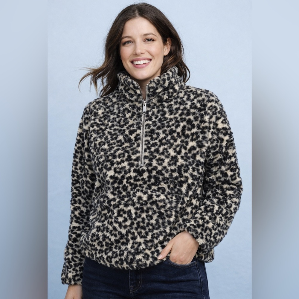 LOFT Leopard Print Sherpa Quarter-Zip Pullover